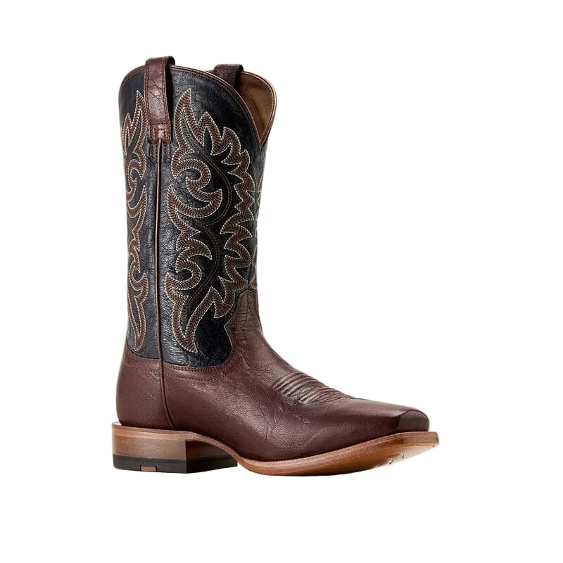 Brown Cowboy boot with a black upper shaft and intricate brown stitching on a white background