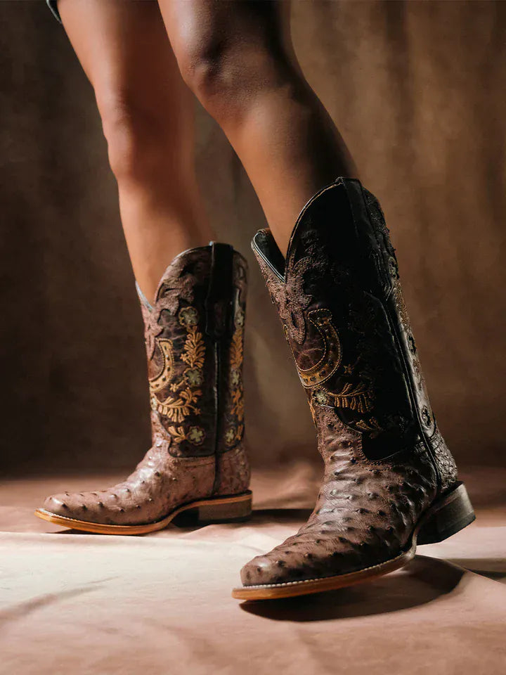 CORRAL BOOTS Boots Corral Women's Brown Horseshoe Overlay & Embroidery Ostrich Exotic Boots A4851