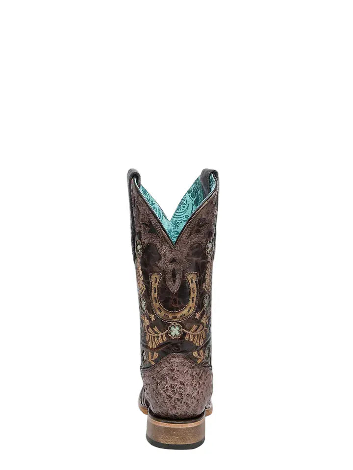 CORRAL BOOTS Boots Corral Women's Brown Horseshoe Overlay & Embroidery Ostrich Exotic Boots A4851