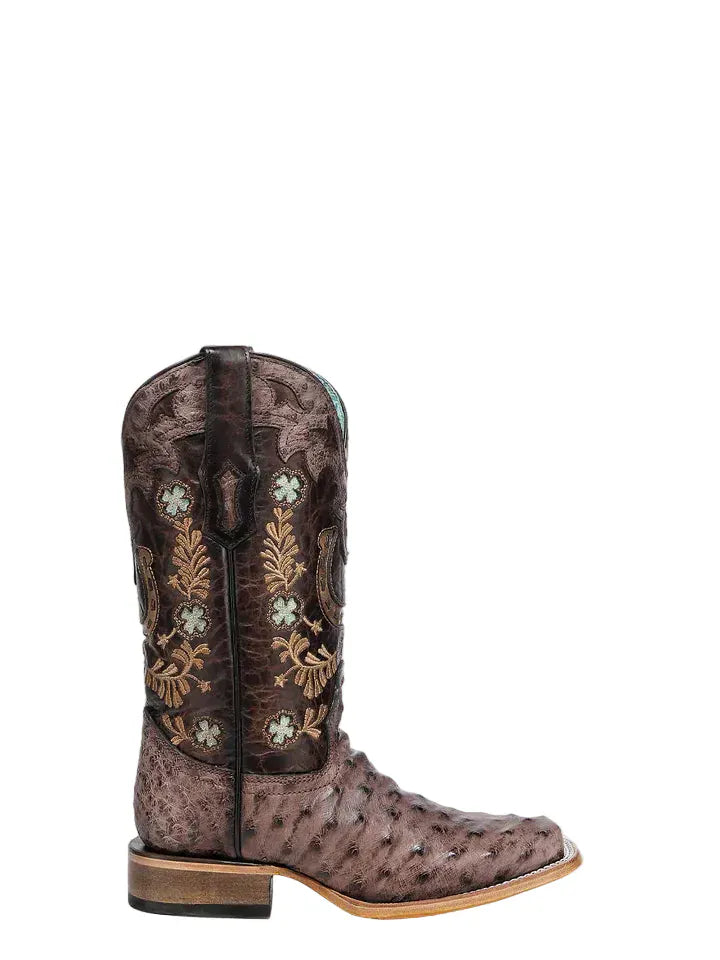 CORRAL BOOTS Boots Corral Women's Brown Horseshoe Overlay & Embroidery Ostrich Exotic Boots A4851