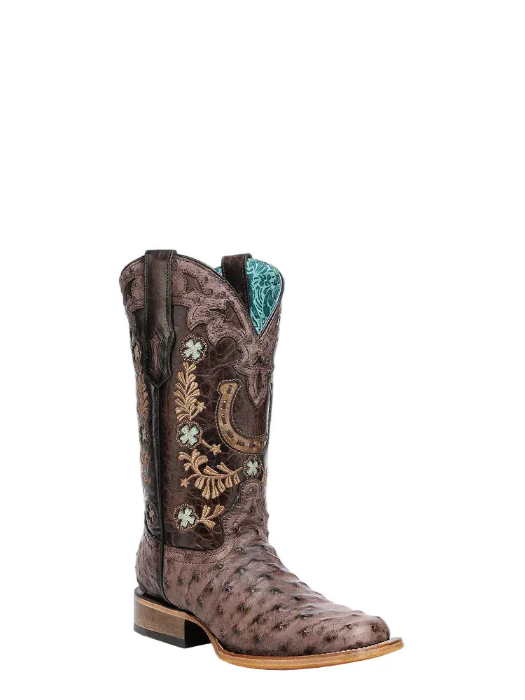 CORRAL BOOTS Boots Corral Women's Brown Horseshoe Overlay & Embroidery Ostrich Exotic Boots A4851