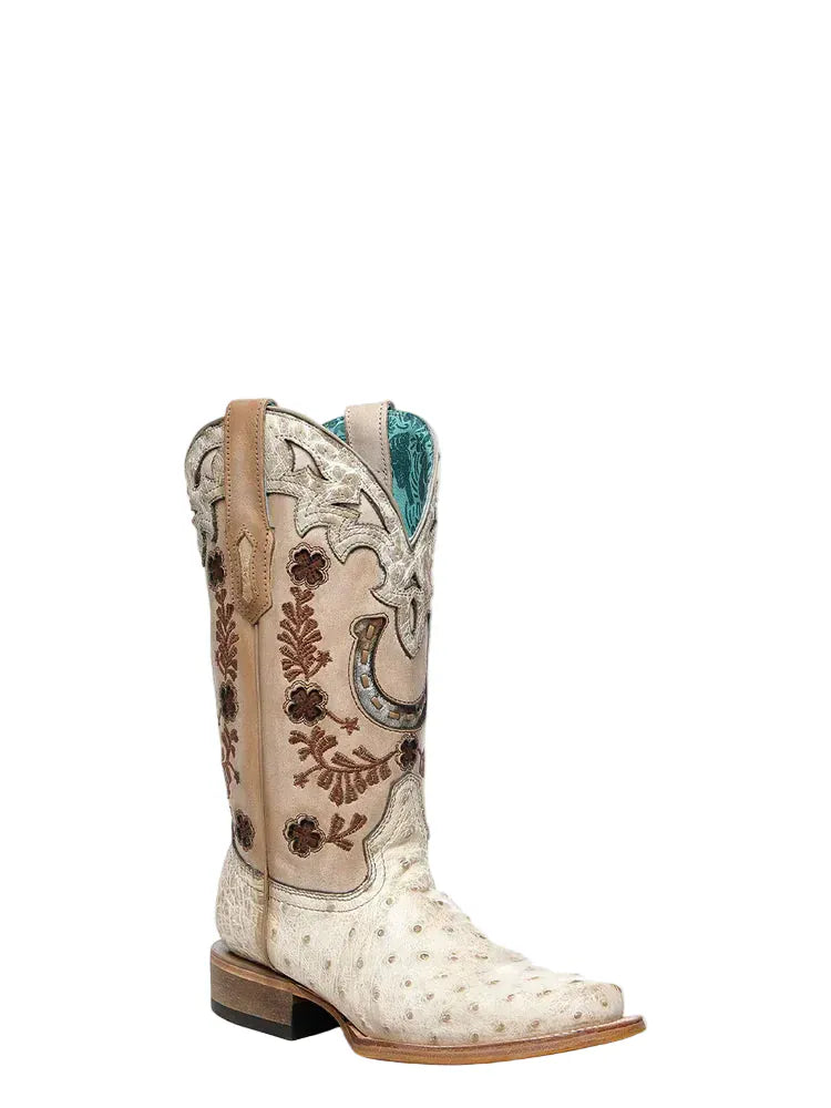 CORRAL BOOTS Boots Corral Women's Ivory Floral and Horseshoe Embroidered Ostrich Exotic Boot A4850
