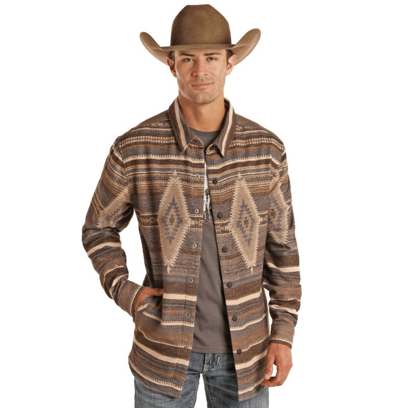 PANHANDLE SLIM Outerwear Rock & Roll Denim Men's Aztec Brown Long Sleeve Shirt Jacket BM92C01930
